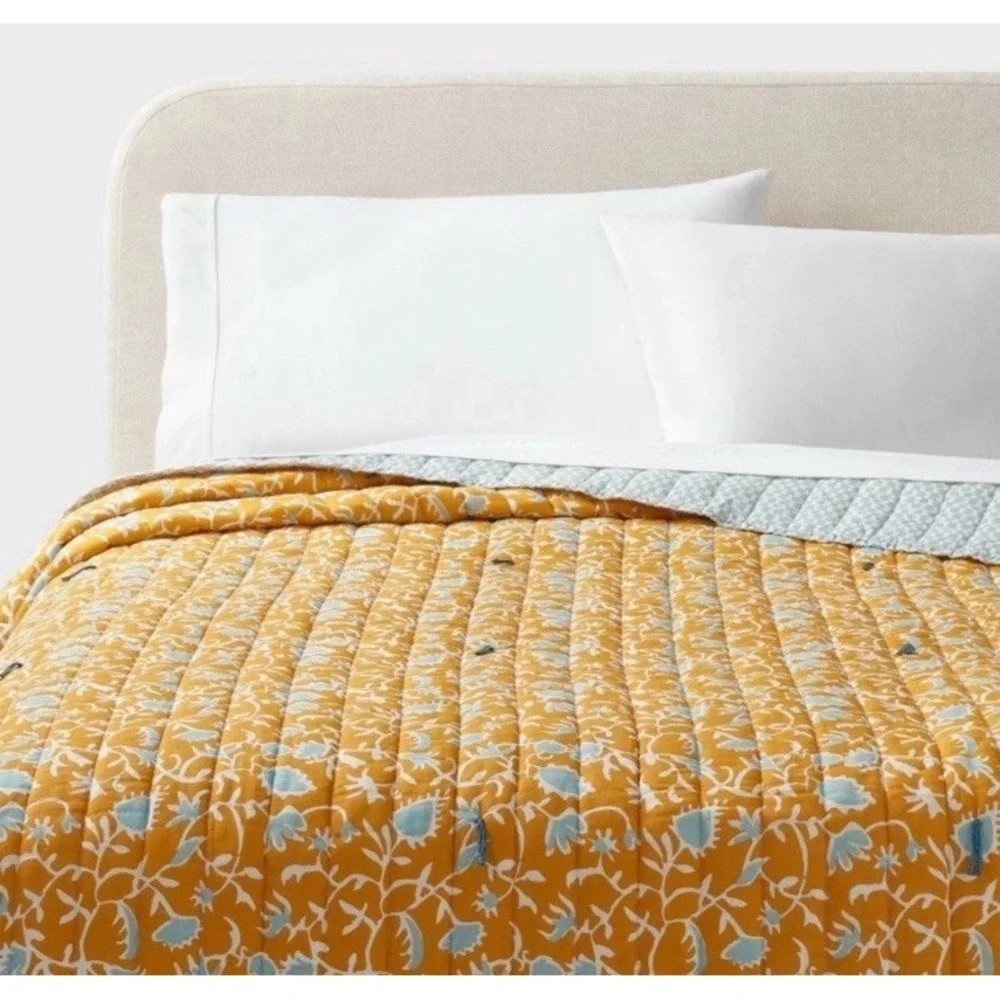 NEW Threshold Full/Queen Earthy Vines Quilt 100% Cotton Mustard Yellow Teal NWT